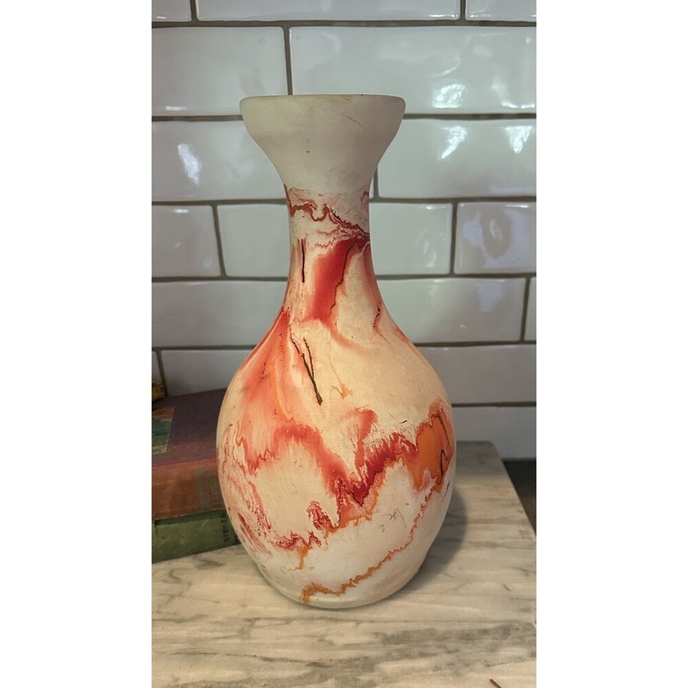 Nemadji Pottery Red Swirl Vase 12”Tall Multi Color Red Swirls Western Decor